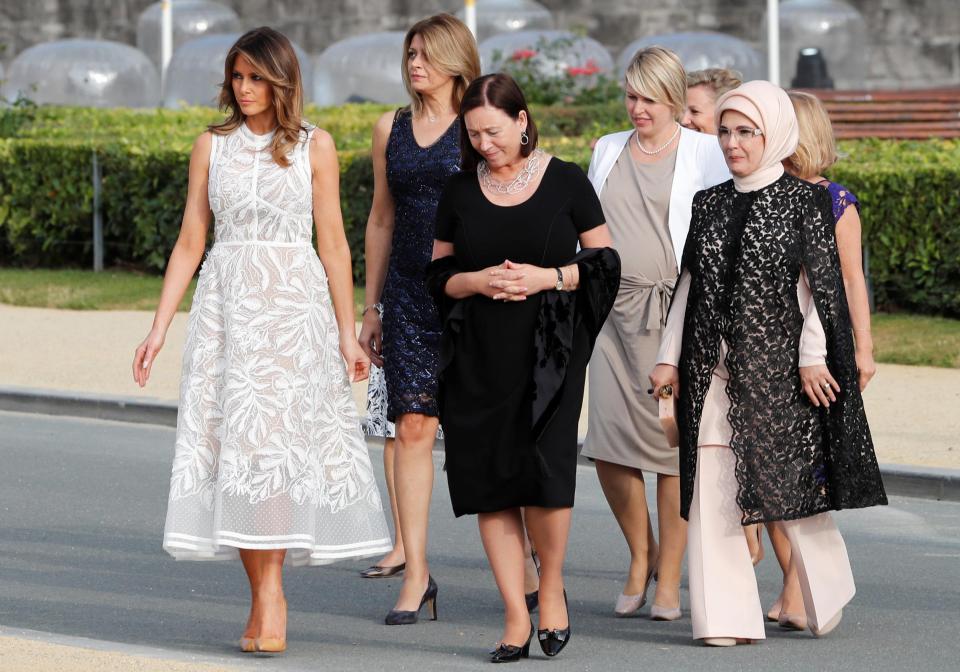  From left: Melania Trump; Turkey's first lady Emine Erdogan; Estonian Prime Minister's spouse Karin Ratas; Bulgarian President Rumen Radev's partner Desislava Radeva; and Jens Stoltenberg's spouse Ingrid Schulerud