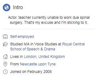 On Facebook he says he is ‘currently unable to work due to spinal surgery’