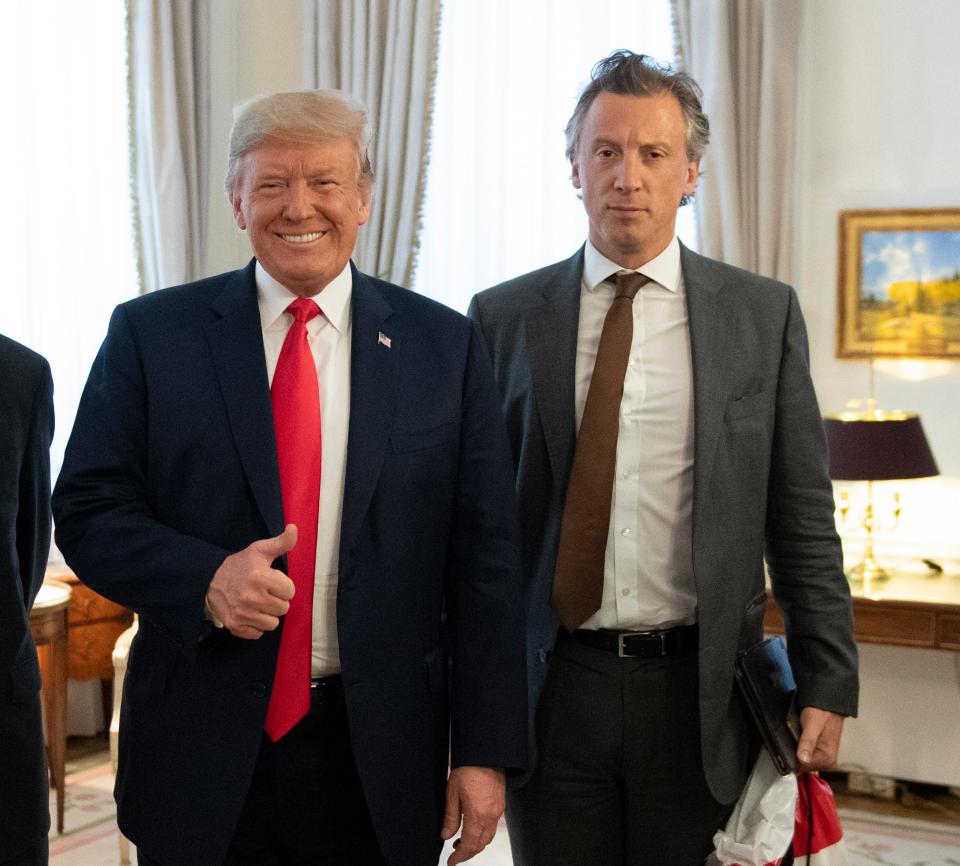  Donald Trump with The Sun's Political Editor Tom Newton Dunn. The Sun was the only British media outlet Trump spoke to before his arrival in the UK for his first visit as President