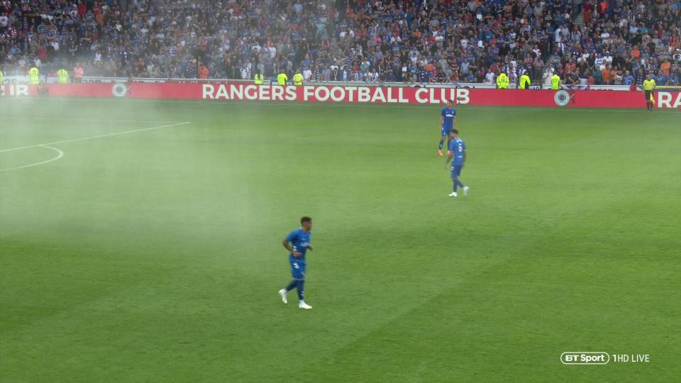  Finally the sprinkler subsided as the game got back underway