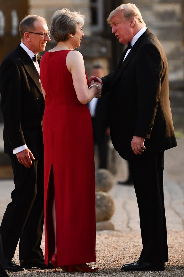 Theresa May greets President Donald Trump at Blenheim Palace