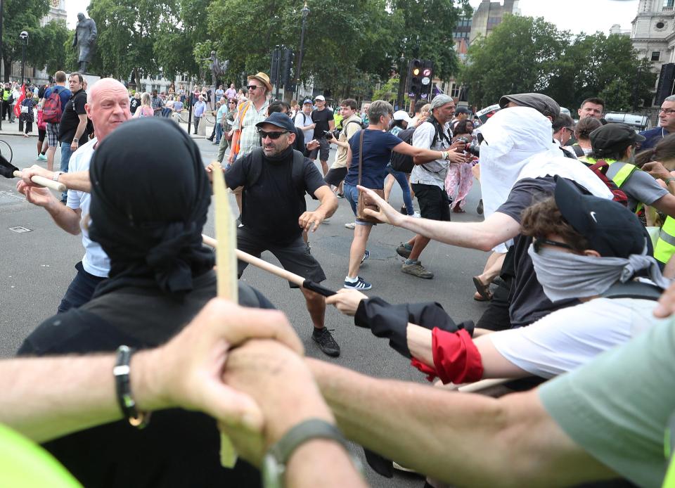  One man appears to fight back against counter-demonstrators at rally's in London earlier this month