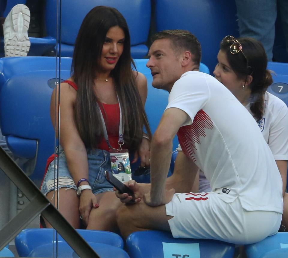  Jamie Vardy sits with his wife Rebekah Vardy at full-time.