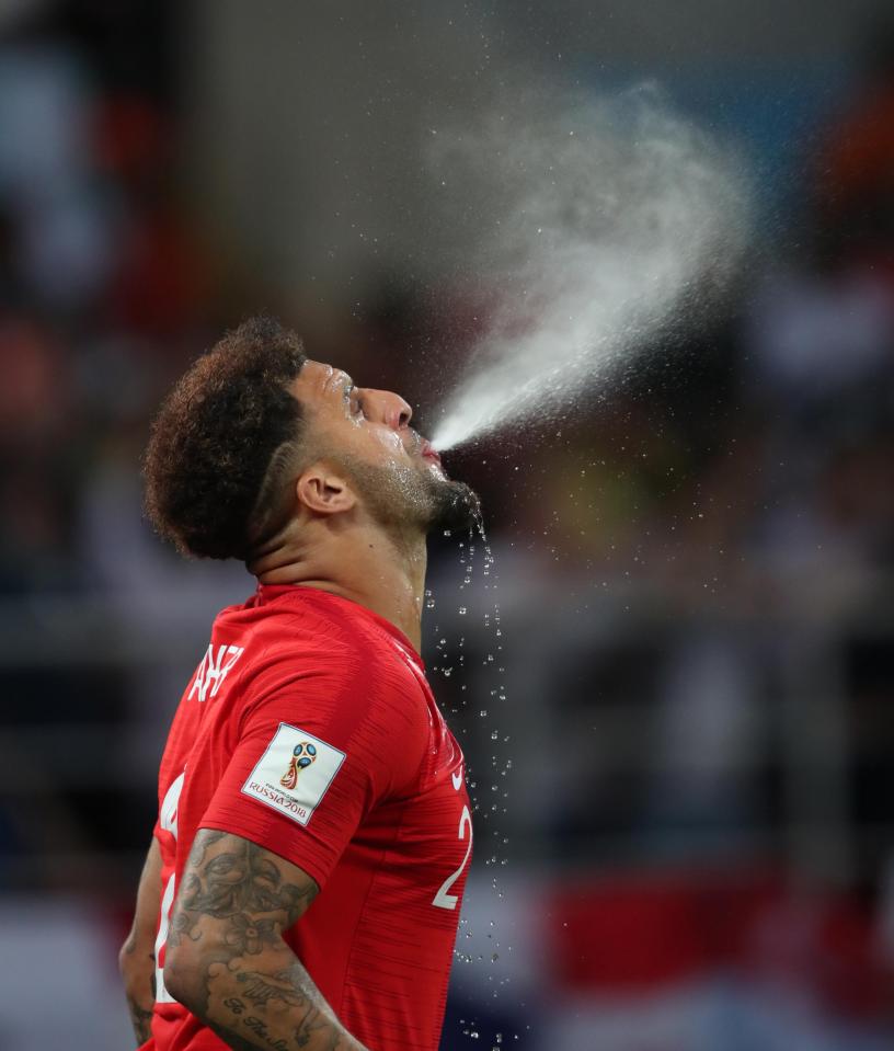  Kyle Walker spits water into the air during England's win over Colombia