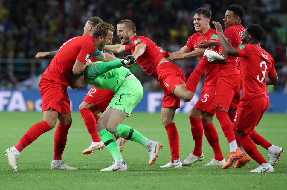  This is the moment England celebrate finally winning a World Cup penalty shootout