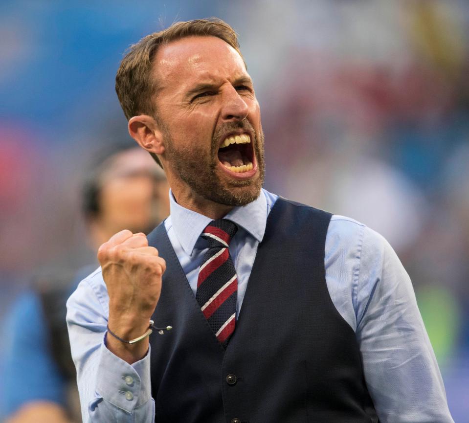  Gareth Southgate celebrates as England reach the semi-finals