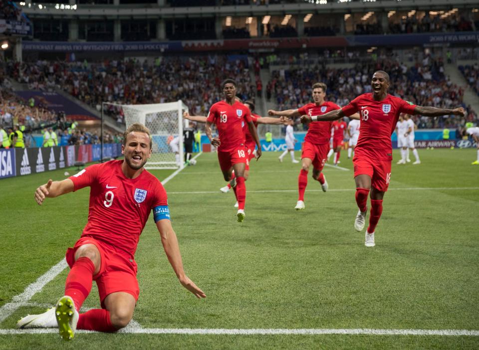  Harry Kane celebrates scoring against Tunisia in the group stage