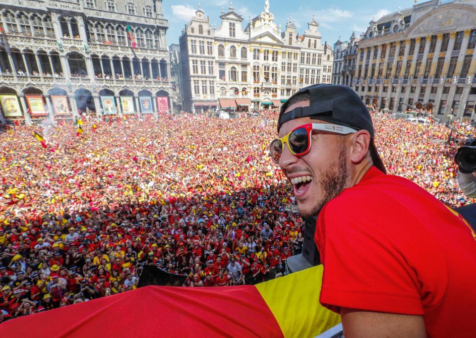  Belgium talisman Eden Hazard looks out as the packed square