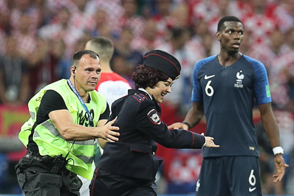  Paul Pogba was nonplussed as members of the punk band Pussy Riot invaded at the World Cup final at the Luzhniki Stadium