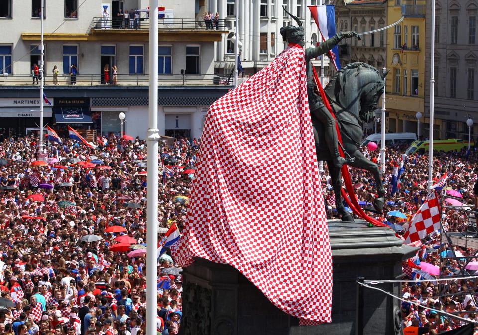  The statue of Croatian hero Josip Jelacic was draped in a red and white chequered flag