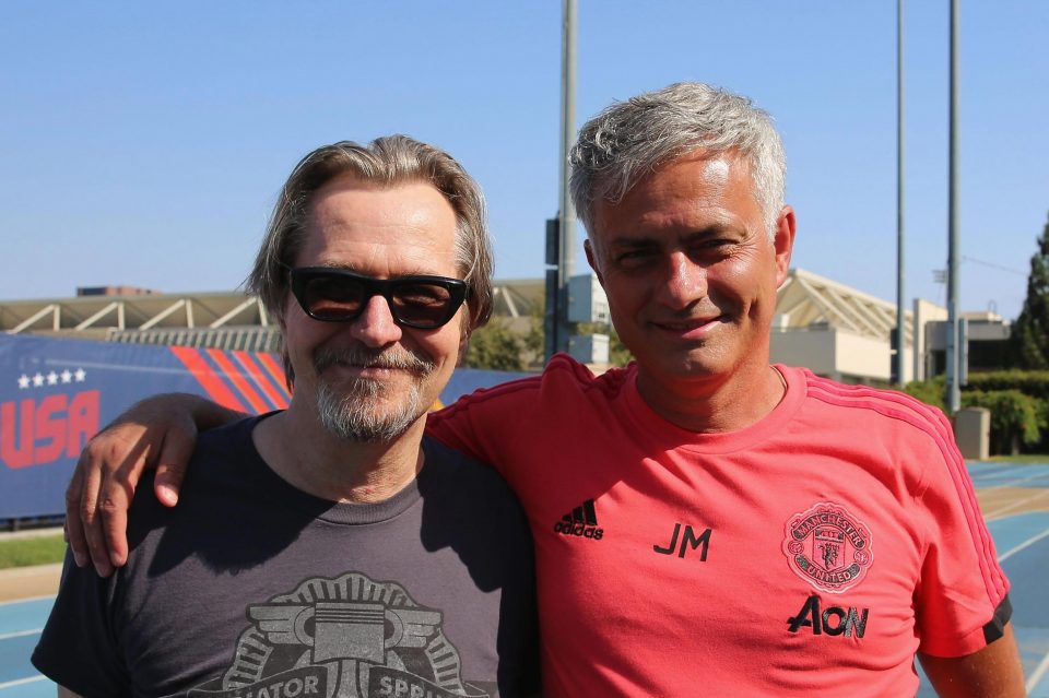  Gary Oldman with United boss Mourinho after dropping into club's LA base