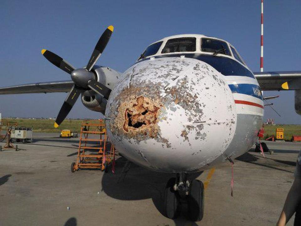  The plane's nose was ripped apart by a freak hailstorm