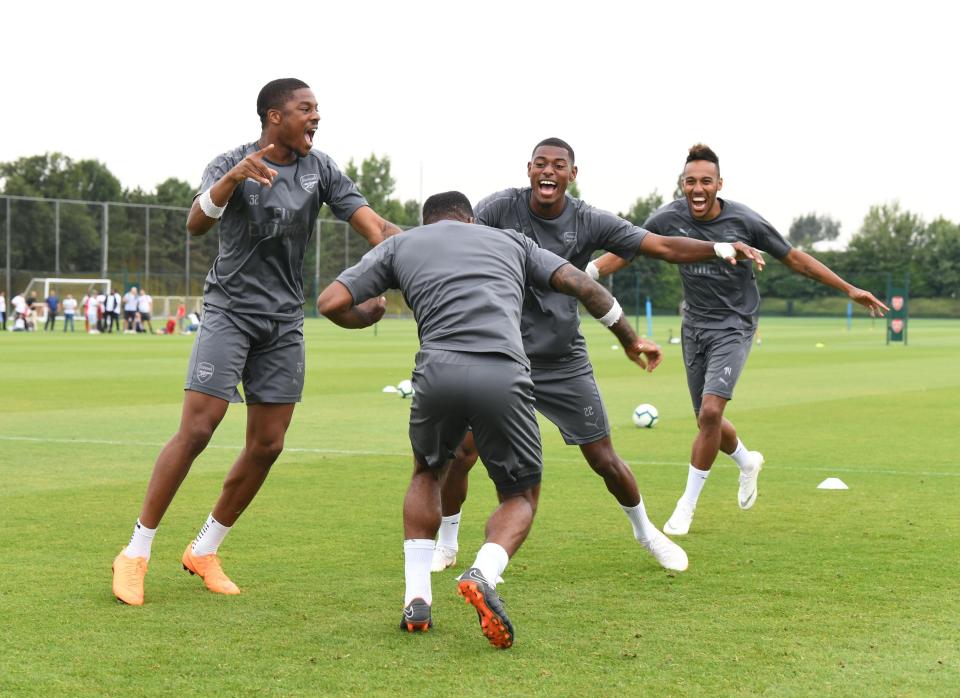  Chuba Akpom, Alex Lacazette, Jeff Reine-Adelaide and Pierre-Emerick Aubameyang during training.