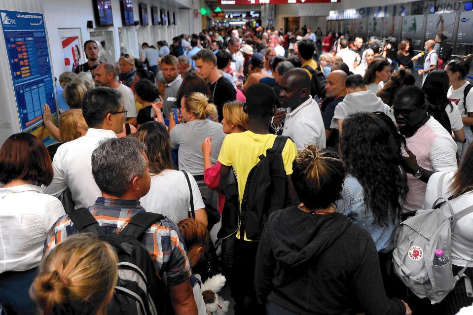  Passengers at Orio al Serio airport in Italy today, during the Ryanair cabin crew strike - passengers say they have had flights cancelled just hours before take-off