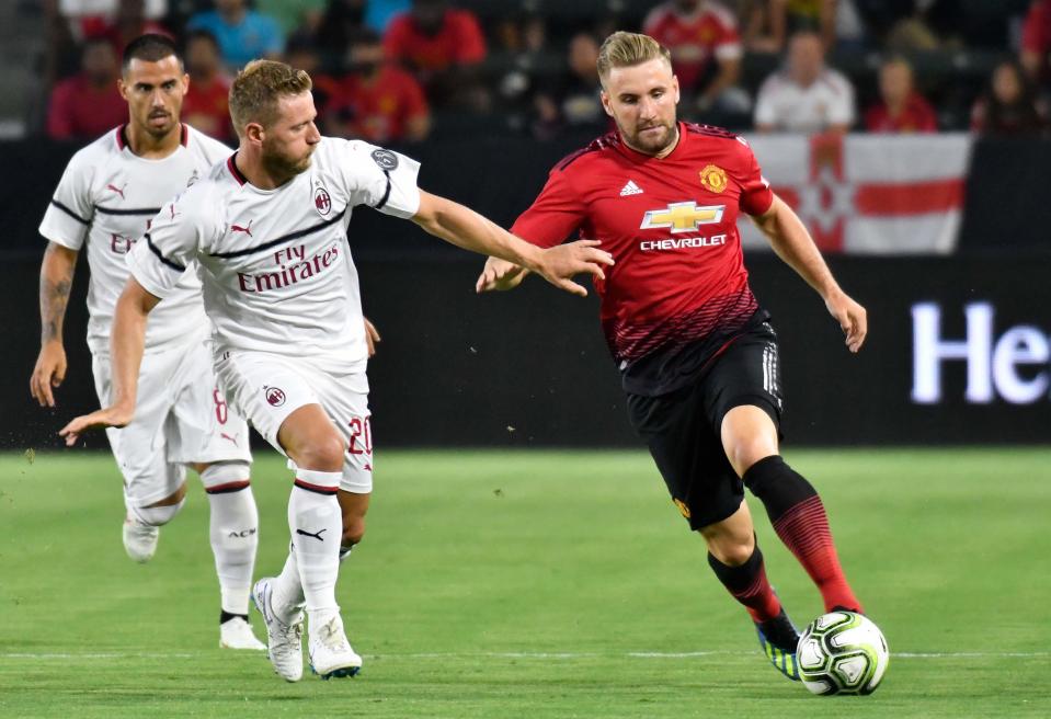  Luke Shaw attempts a driving run from left back