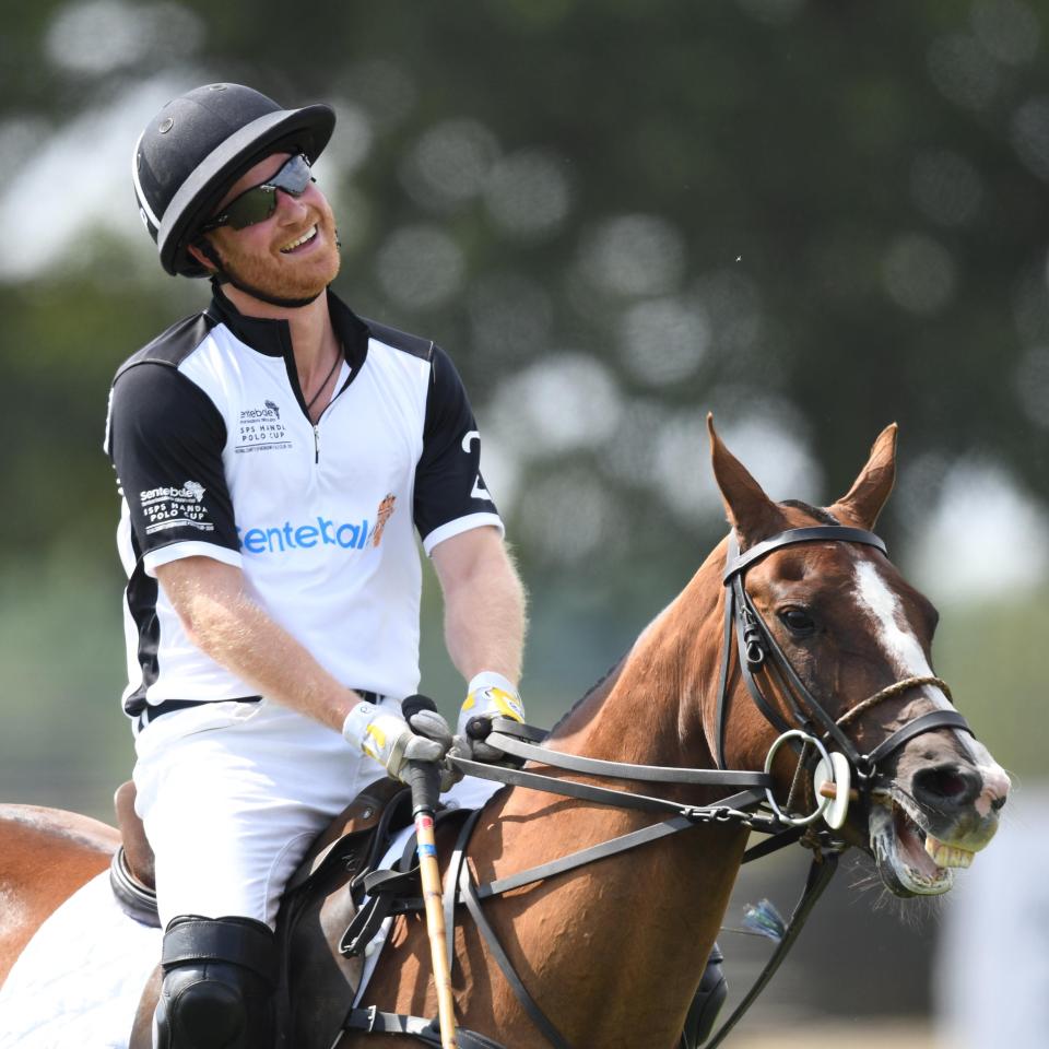  Prince Harry laughs during the game at the Berkshire Polo Club