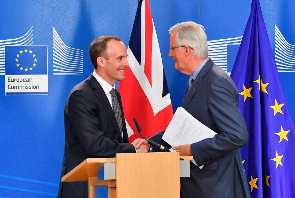  Brexit secretary Dominic Raab greets EU chief negotiator Michel Barnier at their joint press conference on Thursday