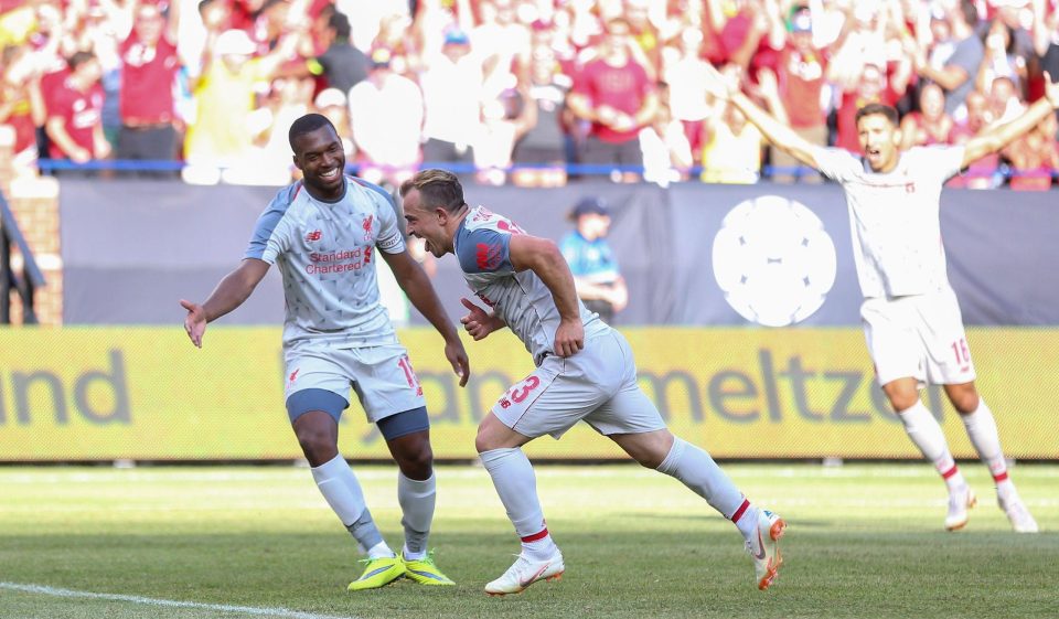  Xherdan Shaqiri celebrates after an excellent overhead kick to seal a dominant Liverpool win