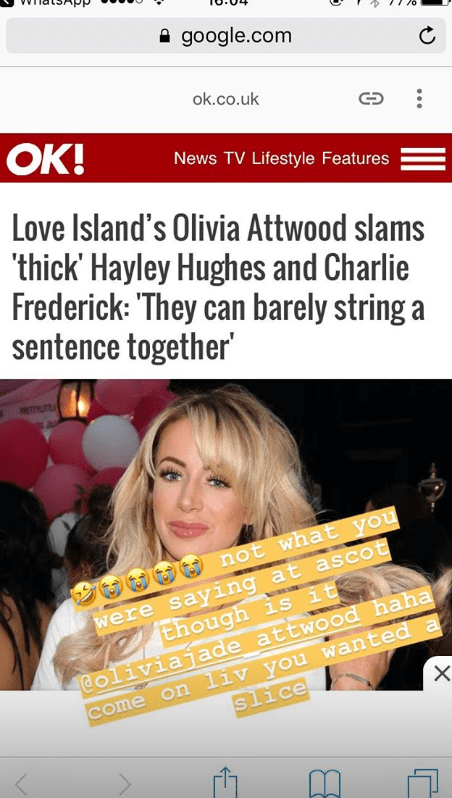  Last year's Love Islander slammed Charlie, 23, and Hayley Hughes's intelligence in a recent column for OK!