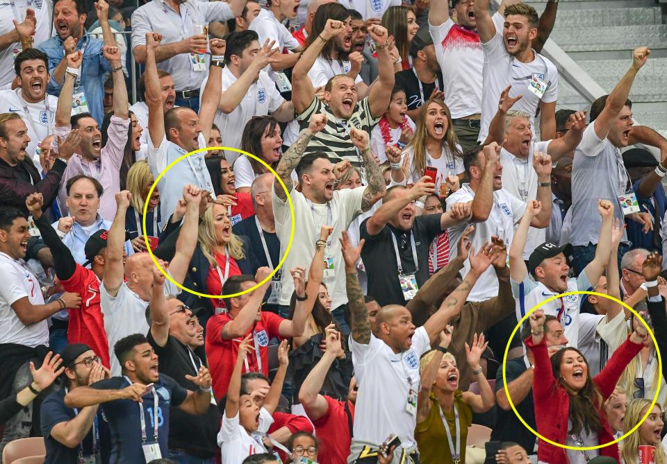  England Wags Megan Davison, left, and Nicky Pike, right, celebrate among families as Kieran Trippier puts the Three Lions ahead