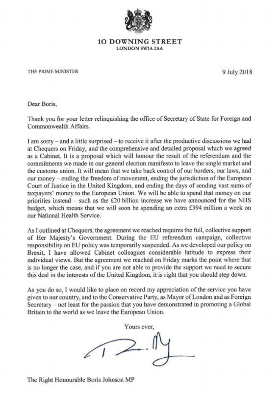 The letter Mrs May sent to Boris Johnson after he quit