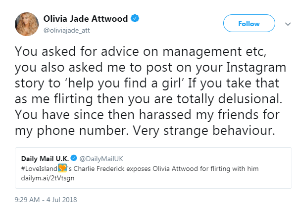  Not one to mince her words, Olivia Attwood took to Twitter to slam Charlie Frederick's claims that she had been flirting with him