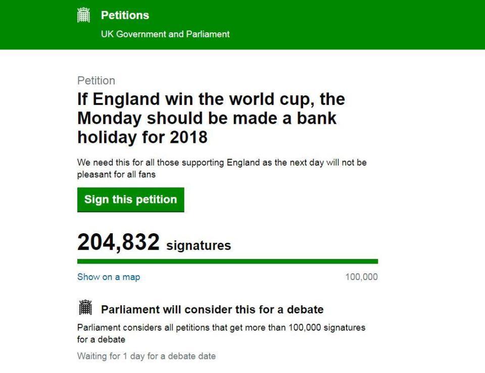  The petition smashed through the 200,000 mark on the morning of England's semi-final clash