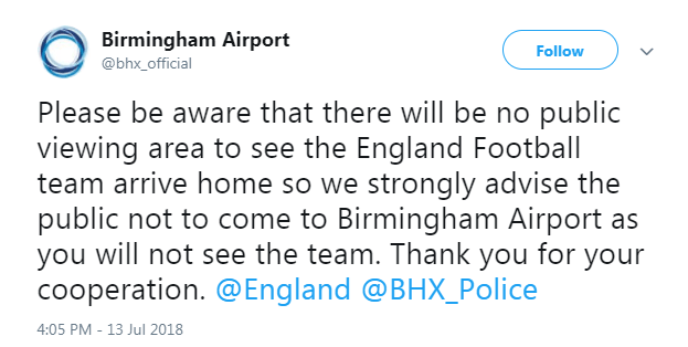  Birmingham Airport told fans not to travel to the airport because there will be no 'public viewing area'