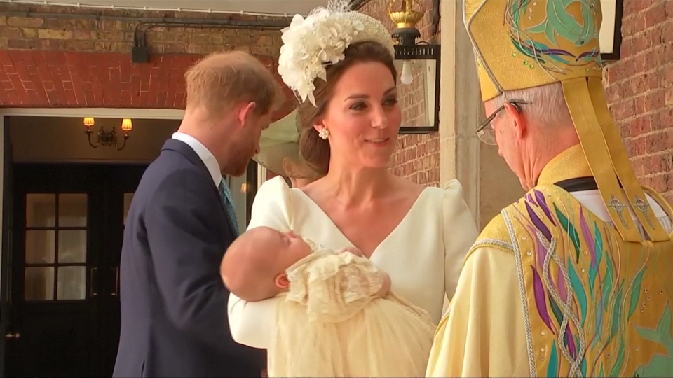  The Duchess of Cambridge holds Prince Louis as the Royals arrive for his christening