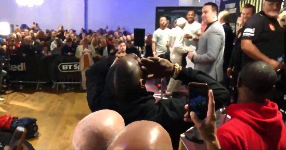  Doentay Wilder makes a noise at Tyson Fury's weigh-in ahead of  his fight against Francesco Pianeta