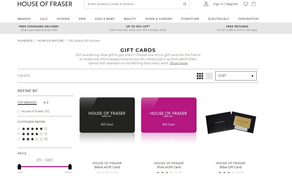 The ‘useless’ gift cards for sale on the House of Fraser website this morning