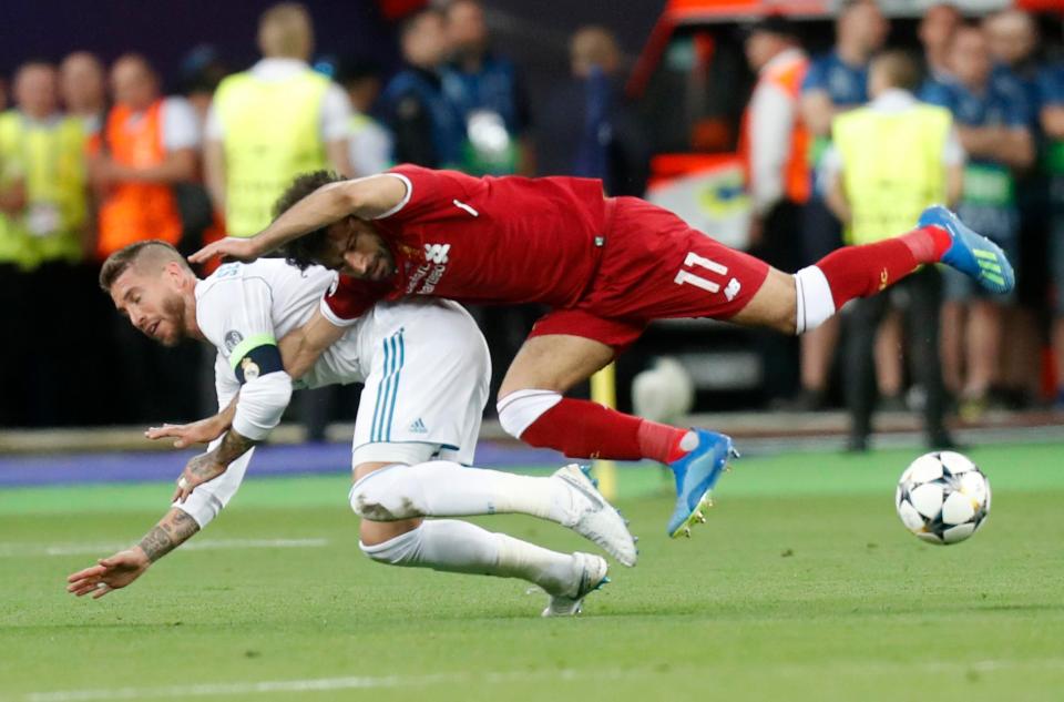  Sergio Ramos tangled with Mo Salah in the Champions League final before the Liverpool ace was forced off through injury