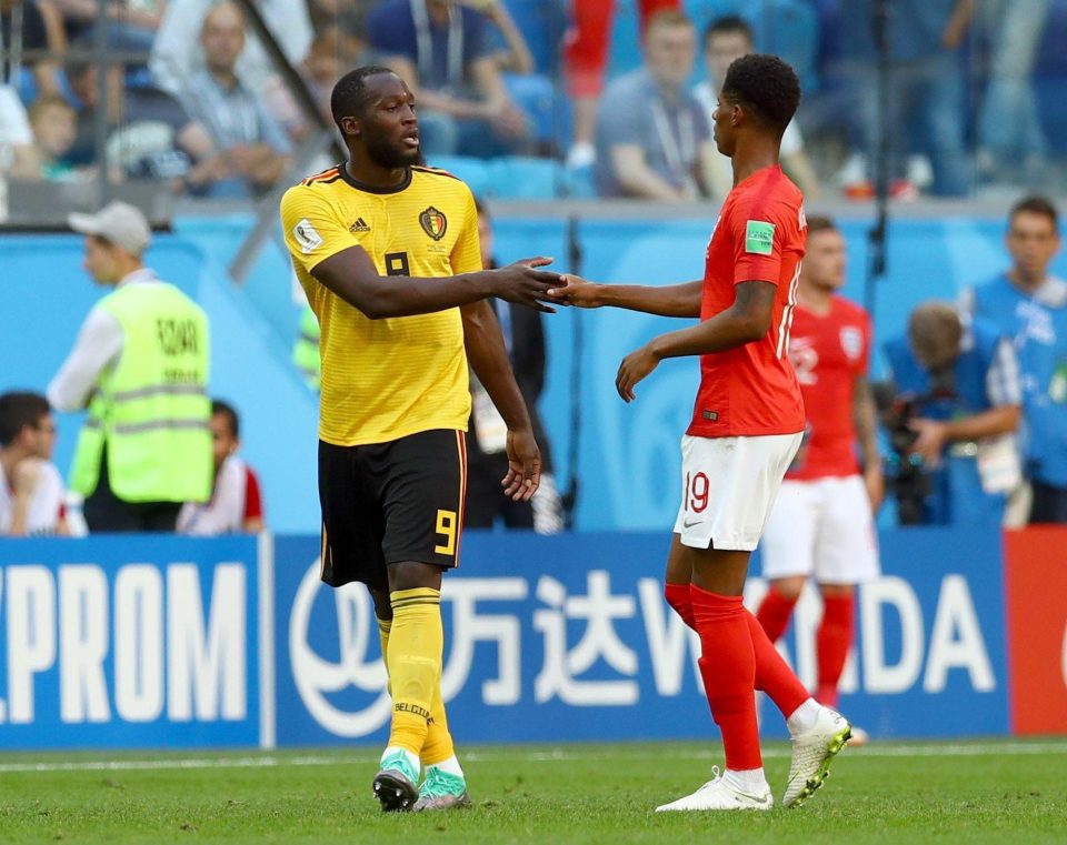  Romelu Lukaku and Marcus Rashford embrace during Belgium's third-place play-off against England