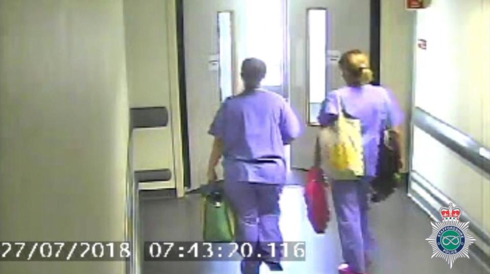  CCTV footage issued by Staffordshire Police which shows missing midwife Samantha Eastwood, left, leaving work