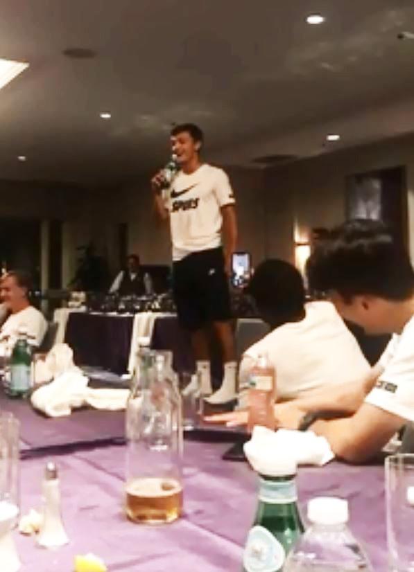  Spurs youngster George Marsh was one of a few players to use bottles for a microphone