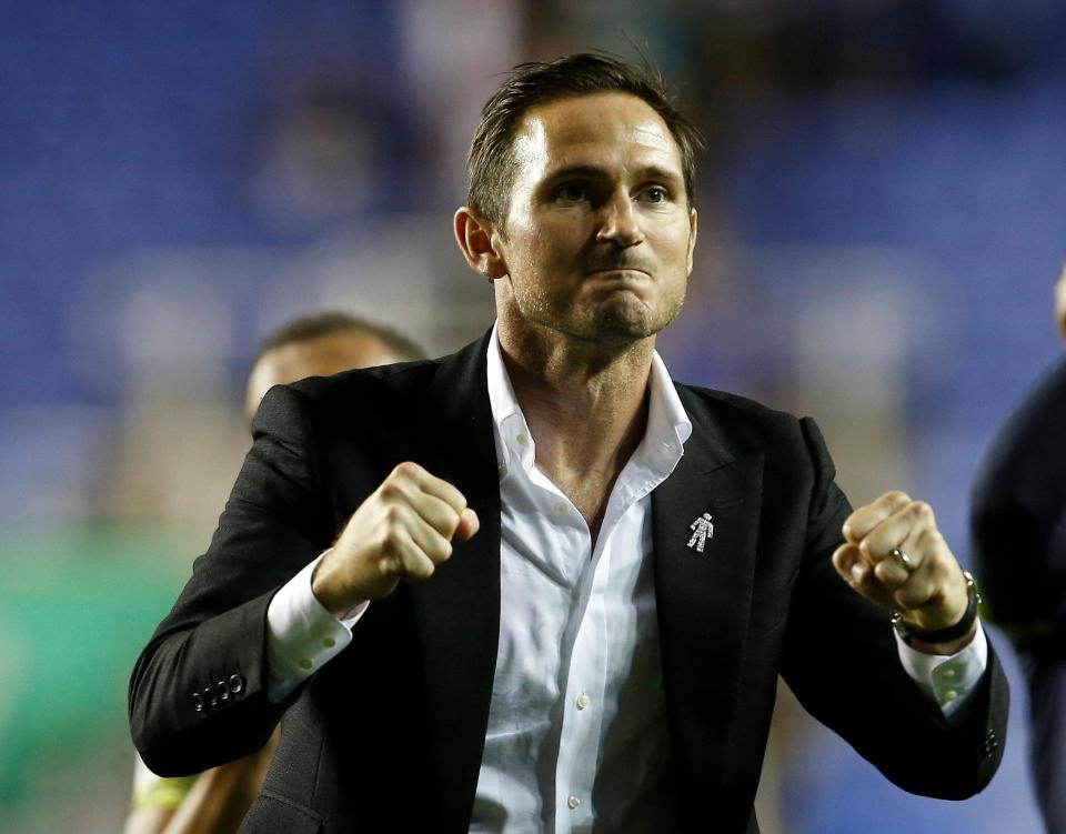  Lampard celebrates with the Derby supporters after securing his first win in charge