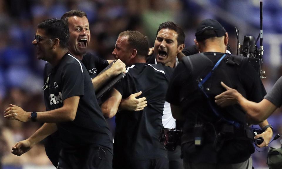  Frank Lampard shows what it means to secure his first win as a manager after Tom Lawrence had headed Derby to victory