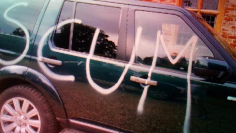  'Scum' was also spray-painted across the side of Helena Rees-Mogg's car