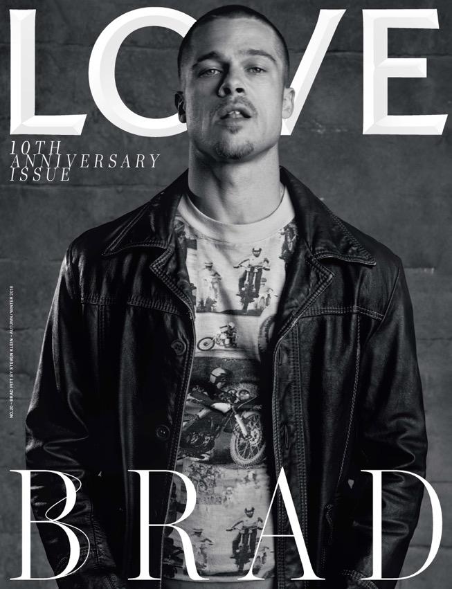  Brad poses in a leather jacket for the monochrome Love cover