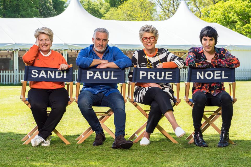  The Great British Bake Off judges Paul Hollywood and Prue Leith flanked by presenters Sandi Toksvig and Noel Fielding