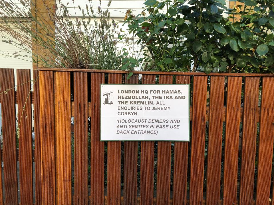  This sign was put up at Jeremy Corbyn's house by Jewish activists today