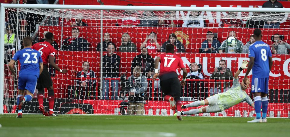  Pogba slots his penalty past Leicester keeper Kasper Schmeichel