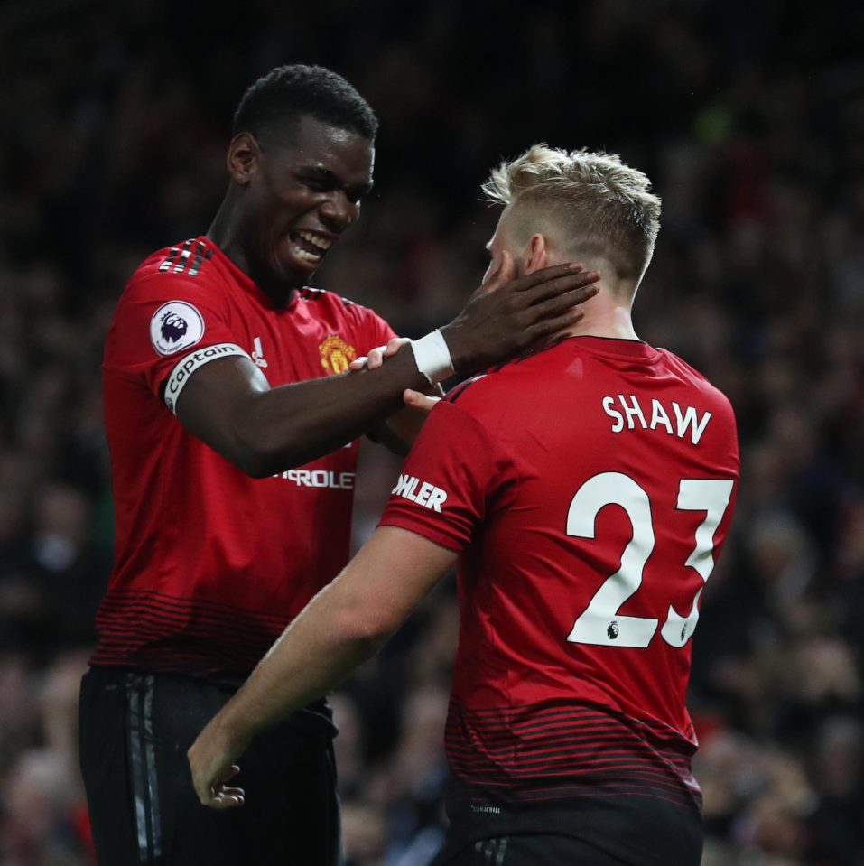  Pobgba and Luke Shaw celebrate after the full-back scores United's second goal