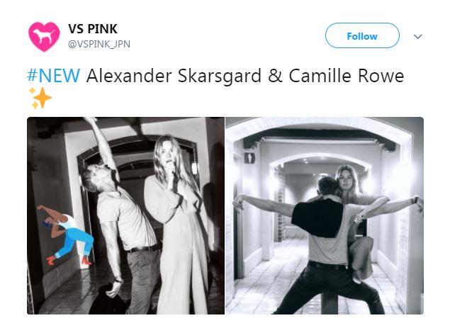  Camille Row and Alexander Skarsgard are seen pulling off Dirty Dancing-style moves as she sings on a mic, then straddles her new fella in the couple's first Instagram snaps