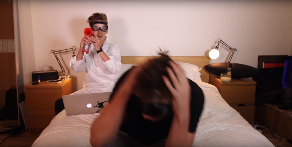 Joe Sugg fools his friends into a blindfolded test to guess noises but surprises them with an air horn