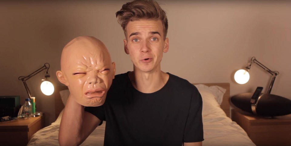 Joe Sugg wore this incredibly creepy baby mask to give his pal Caspar Lee a fright