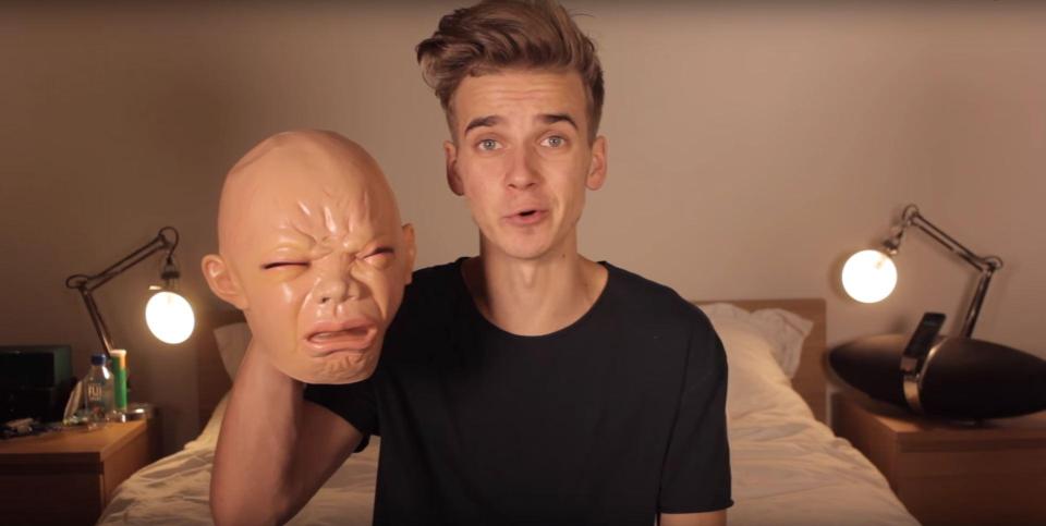  Joe Sugg wore this incredibly creepy baby mask to give his pal Caspar Lee a fright