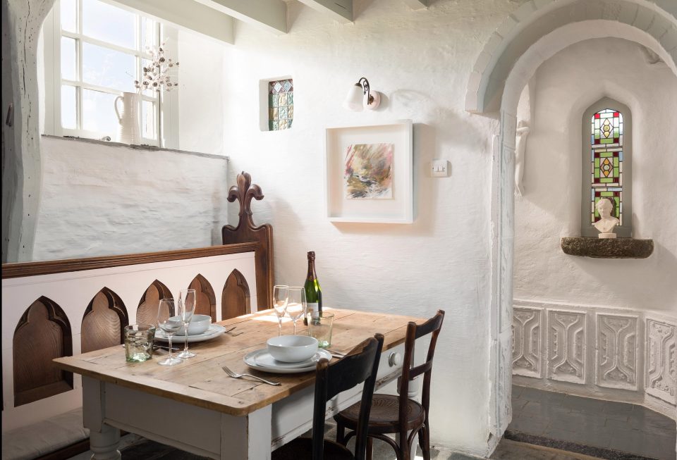  The chapel still has stained glass windows in the dining area