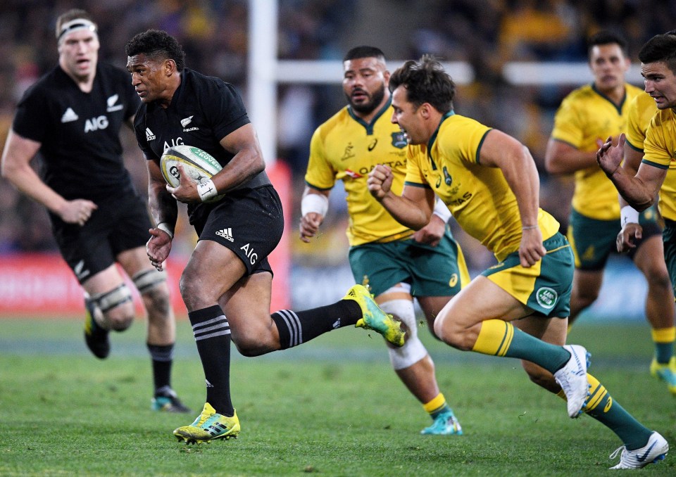 All Black Waisake Naholo makes a break to score during the first Bledisloe Cup Test