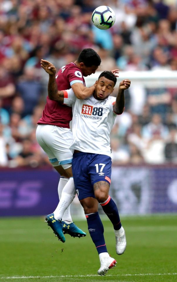  West Ham centre-back Fabian Balbuena tangles with Bouirnemouth's Norway striker Joshua King